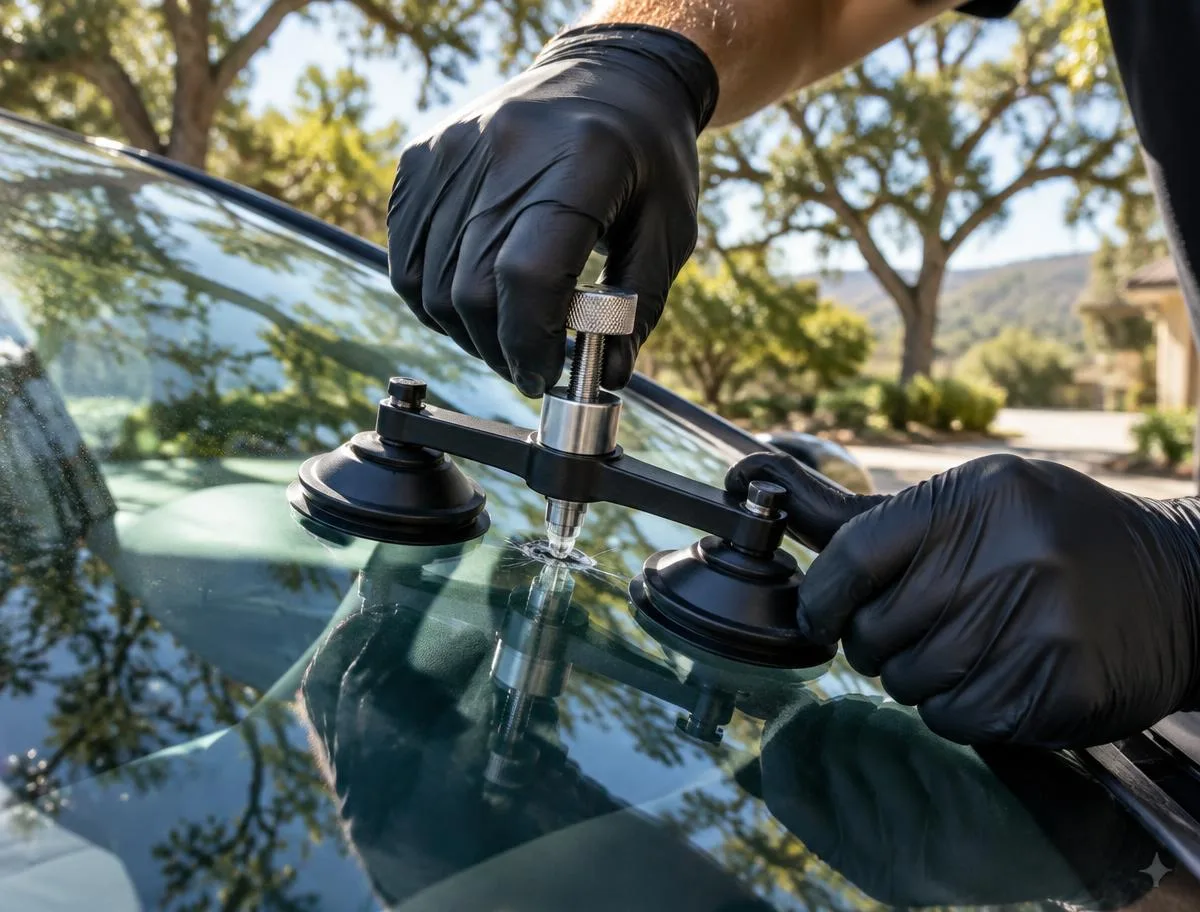 Gloved hands using a resin bridge tool on a windshield rock chip outdoors