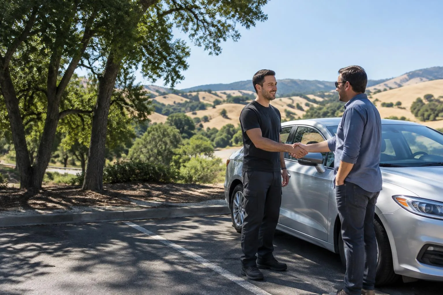 Illustrative technician shaking hands with a customer beside a sedan in a parking lot