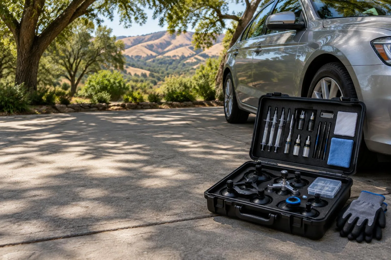 Open auto glass tool case beside a sedan on a shaded driveway