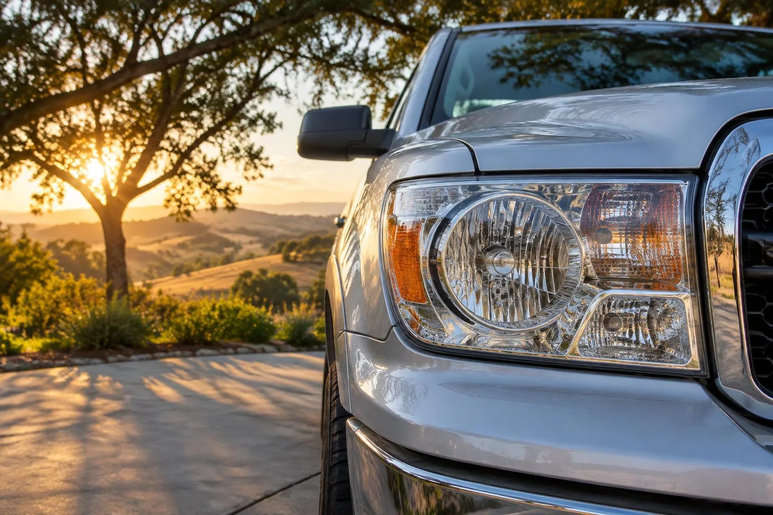Crystal-clear pickup headlight lens in a driveway at golden hour