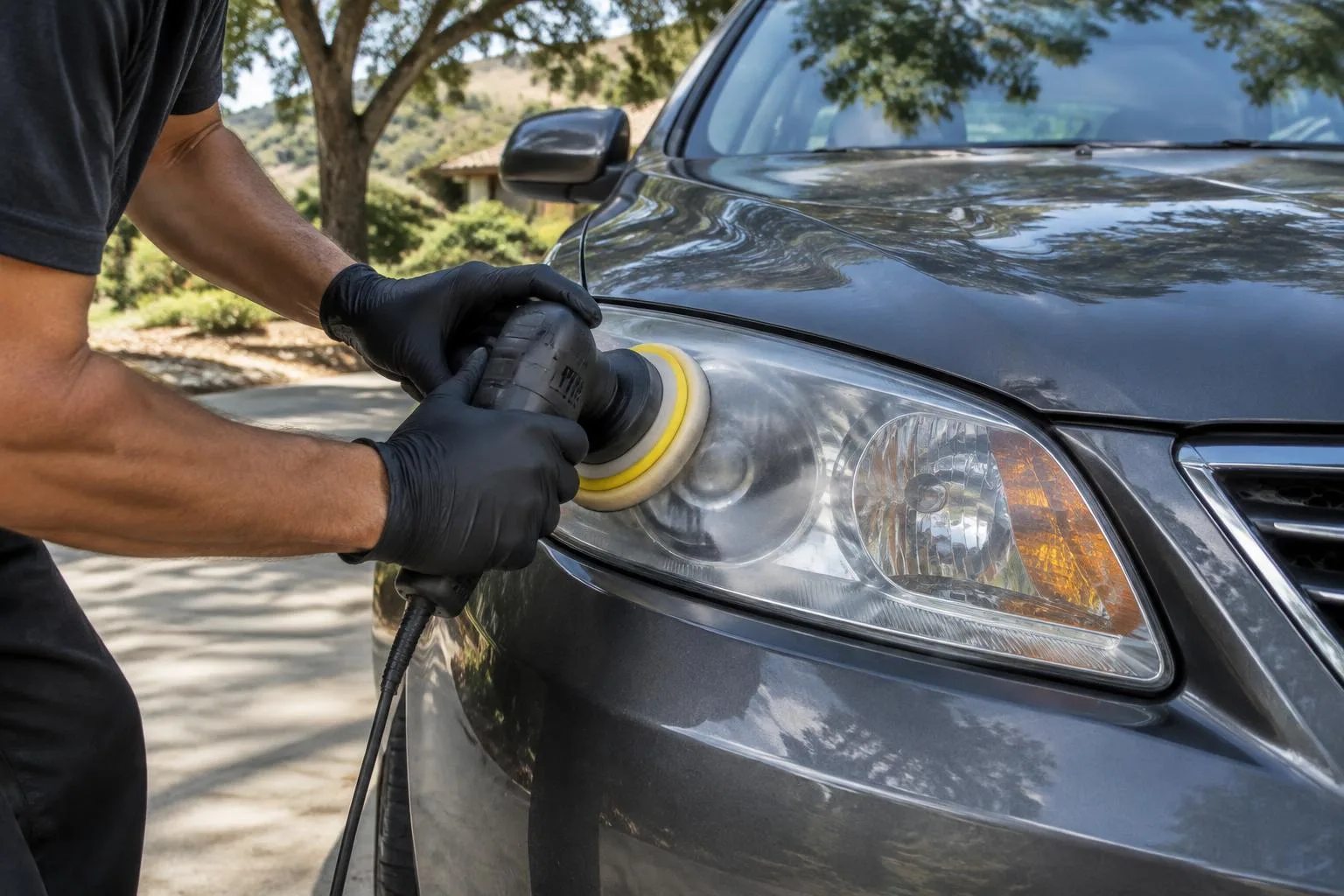 Gloved hands polishing a sedan headlight lens outdoors