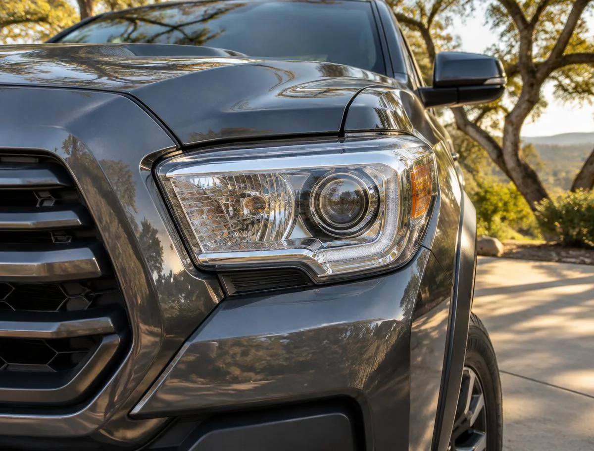Clear headlight lens on a gray pickup parked in a sunny driveway