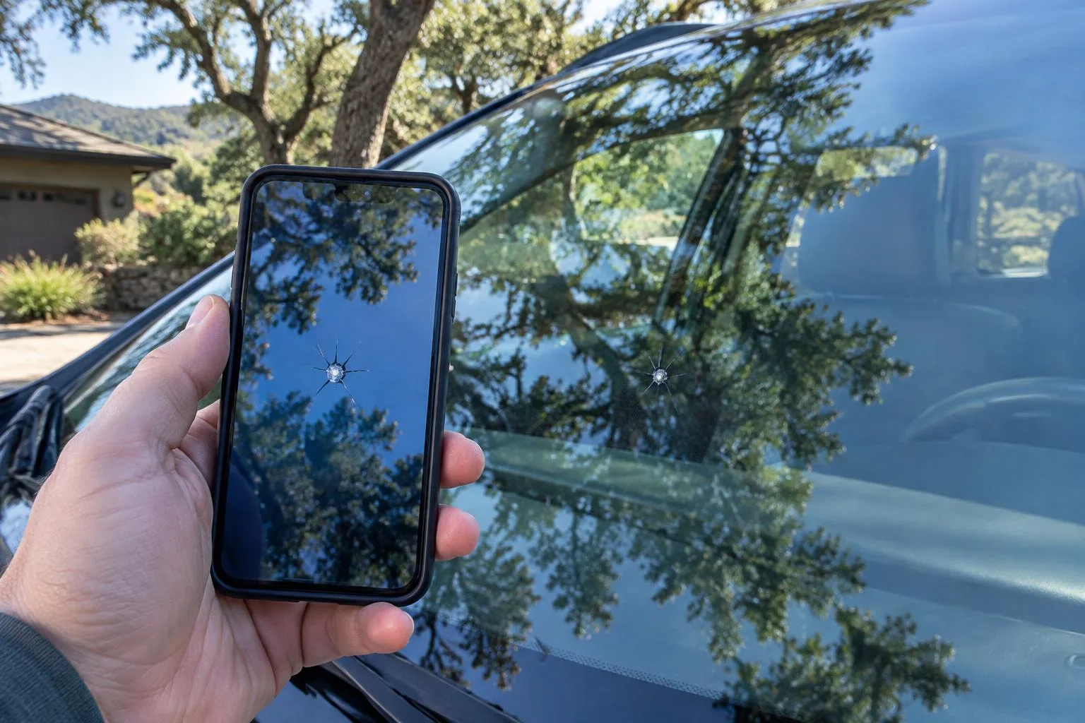 A hand holding a phone to photograph a small windshield chip