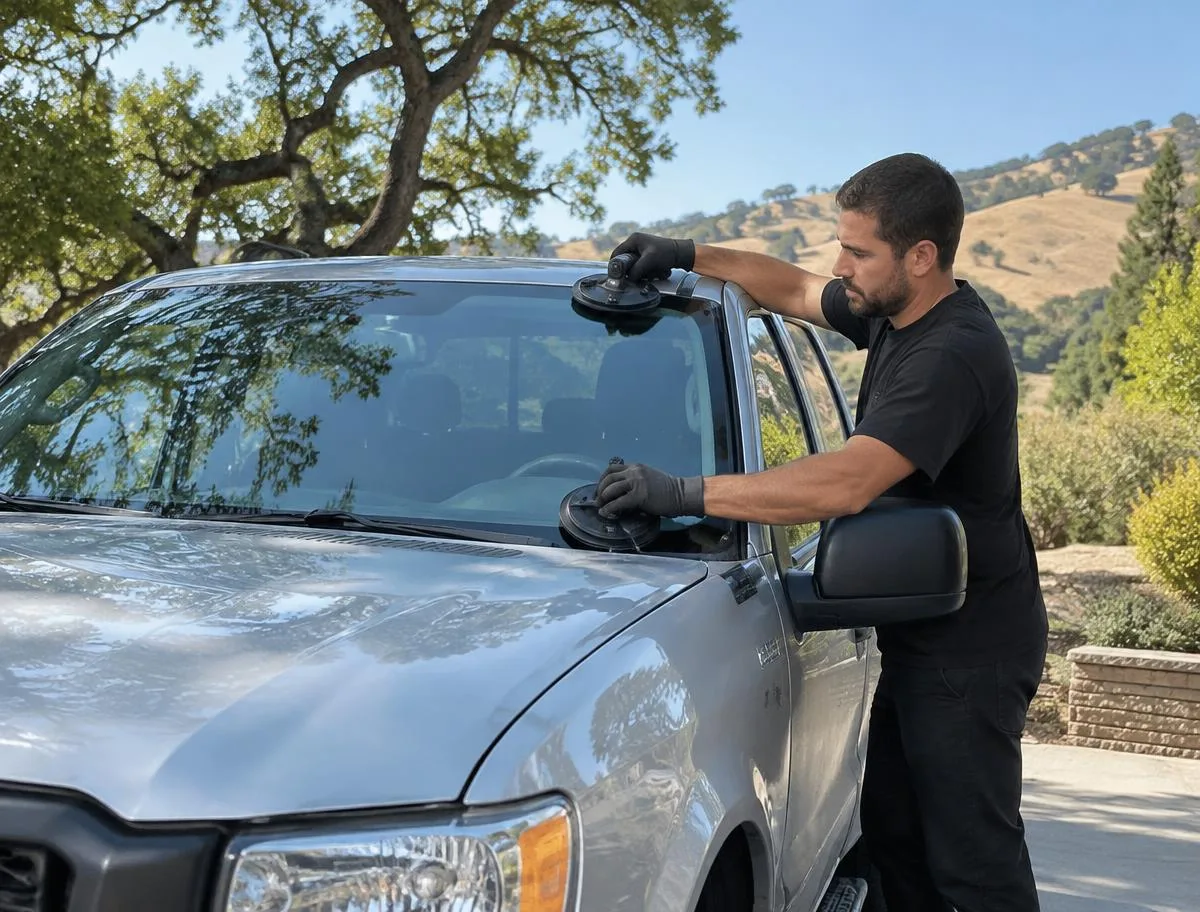 Illustrative mobile technician setting a windshield on a pickup in a driveway