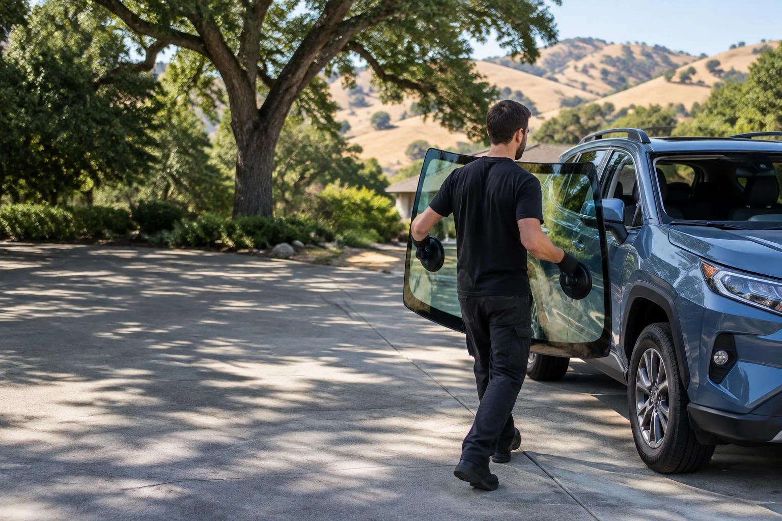 Illustrative technician carrying a new windshield toward an SUV in a driveway